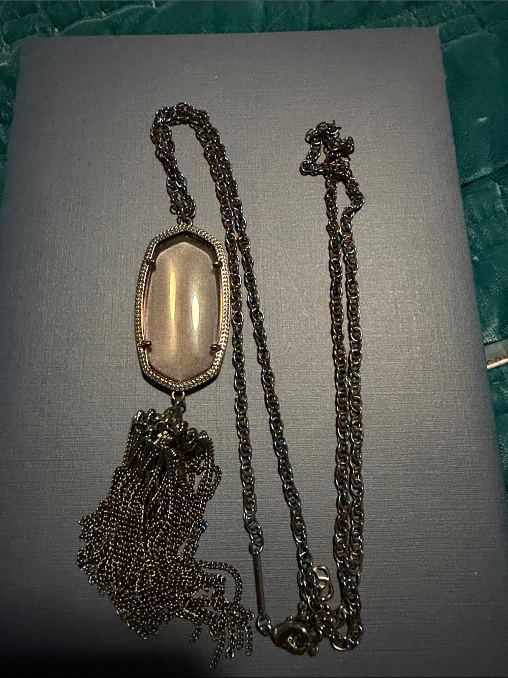 Kendra Scott Gunmetal Long Pendant Necklace with Clear Peach Stone and Tassel